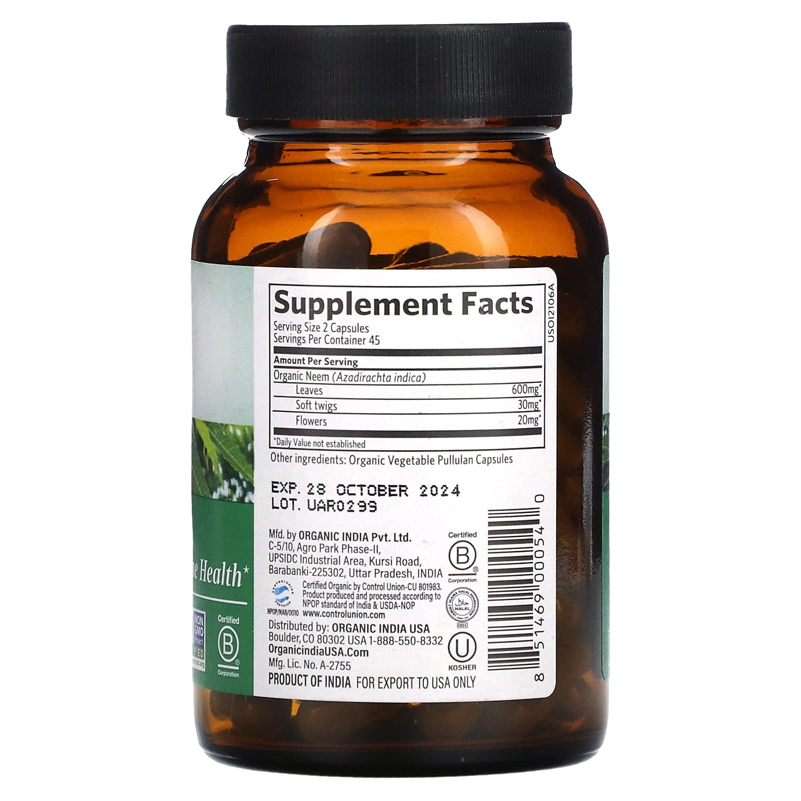 Organic India, Neem, 90 Vegetarian Capsules UPC 851469000540 | Hilife Vitamins