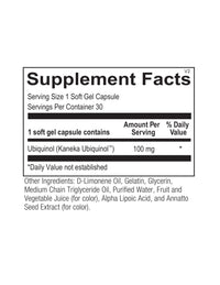 Ortho Molecular, Ubiquinol 100 mg, 30 Softgels UPC 615033001339 | HiLife Vitamins