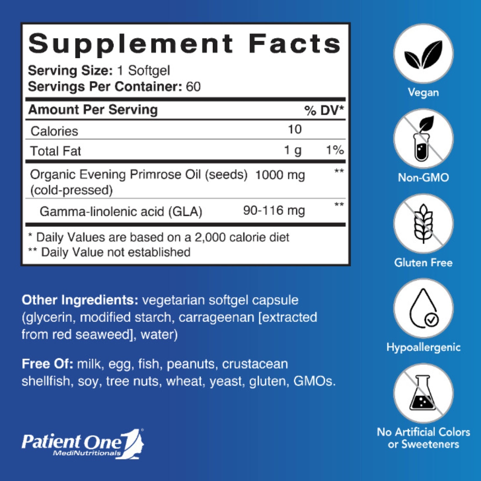 Patient One, Evening Primrose Oil 1000mg, 60 Softgels - HiLife Vitamins