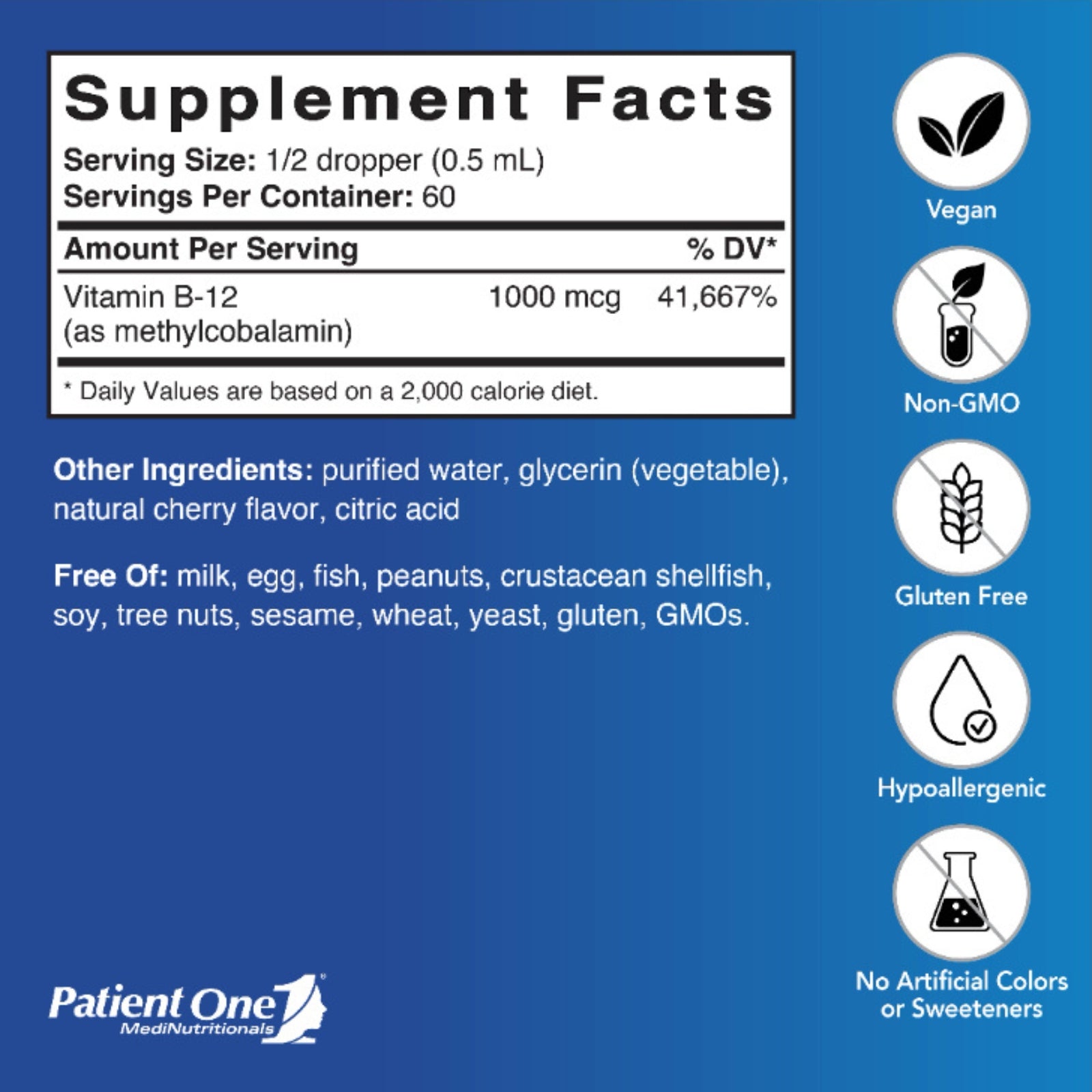 Patient One, B-12 Methylcobalamin, 1 fl oz (30 mL) Liquid UPC 859782006287 | Hilife Vitamins