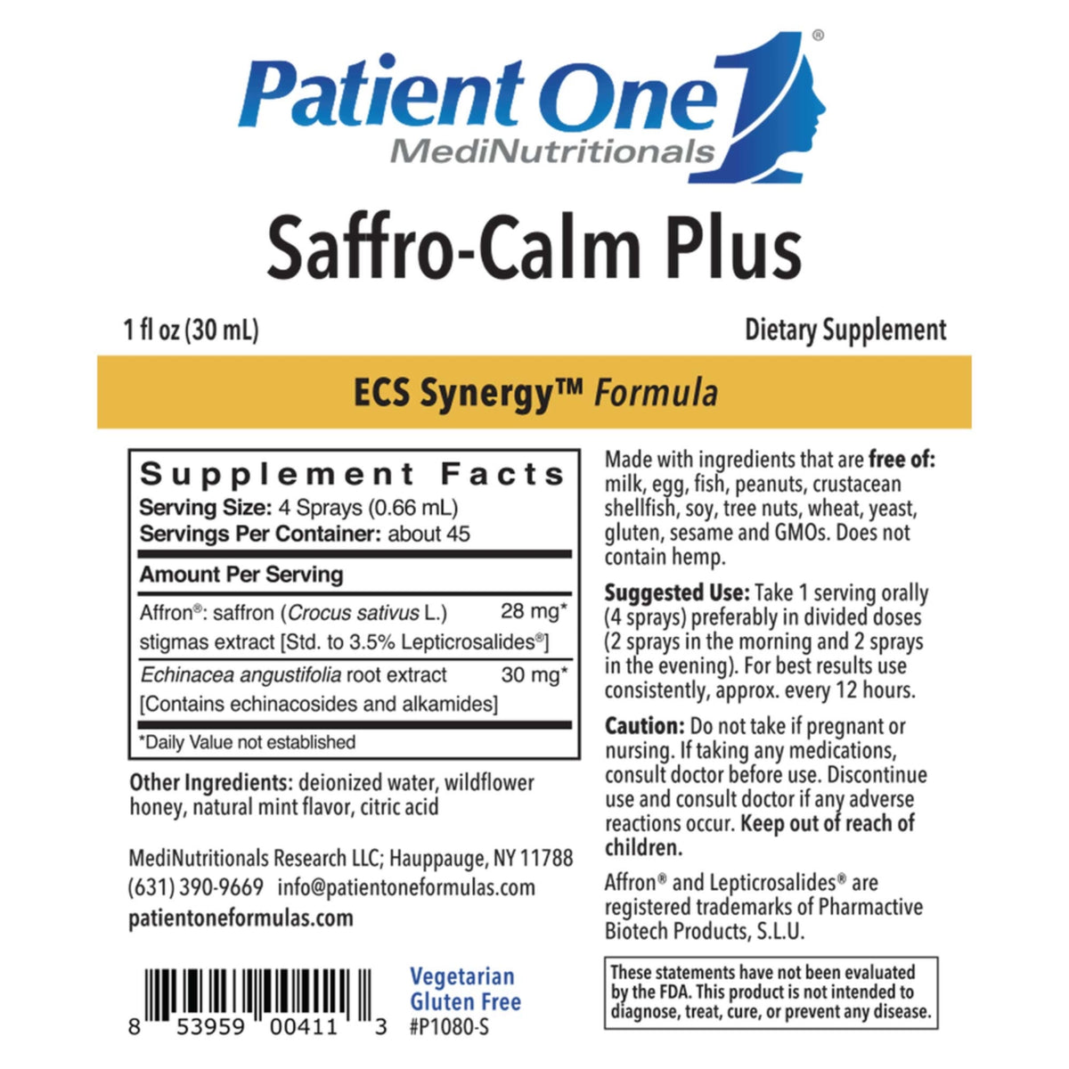 Patient One, Saffro-Calm Plus, 30 Ml Liquid UPC 853959004113 | Hilife Vitamins