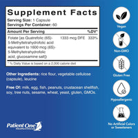 Patient One, Q-Folate 800mcg (as 5-MTHF Quatrefolic), 60 Vegetable Capsules UPC 853959004359 | Hilife Vitamins