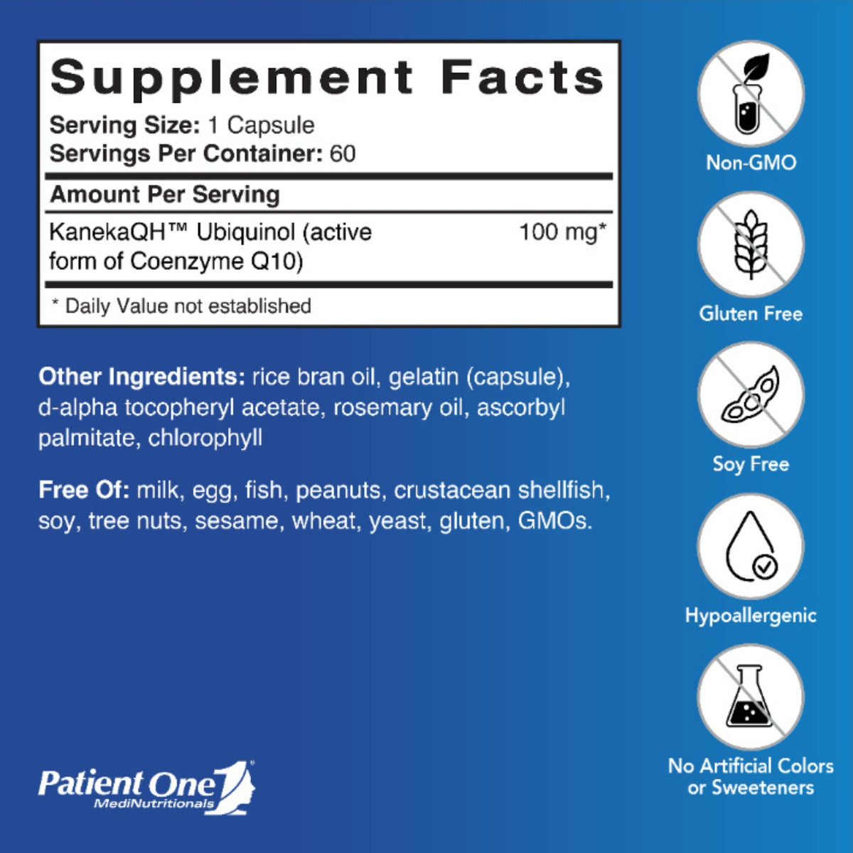 Patient One, Ubiquinol™ 100 mg, 60 Gelatin Capsules UPC 853959004649 | Hilife Vitamins