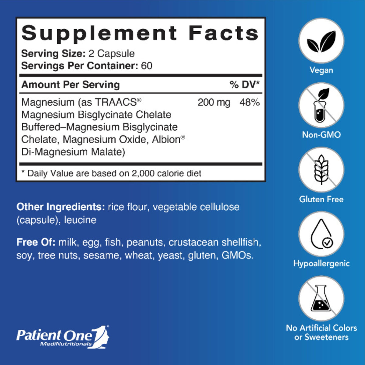 Patient One, Magnesium Chelate 200mg, 120 Vegetable Capsules UPC 853959004908 | Hilife Vitamins