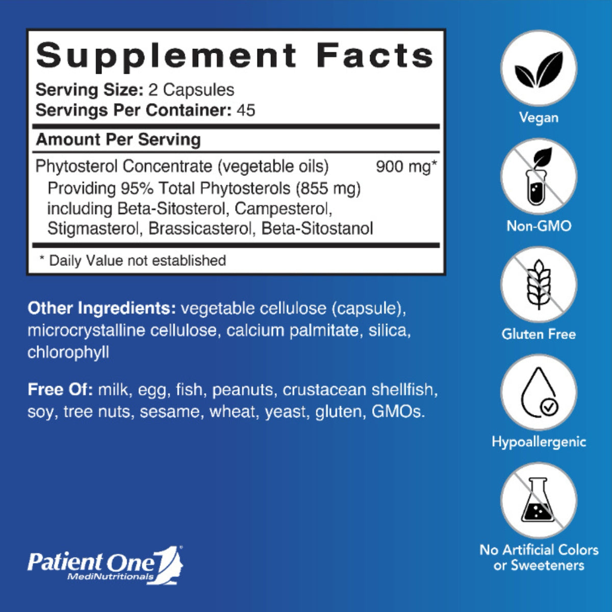Patient One, Phytosterol Complex 900mg, 90 Vegetable Capsules UPC 853959004960 | Hilife Vitamins