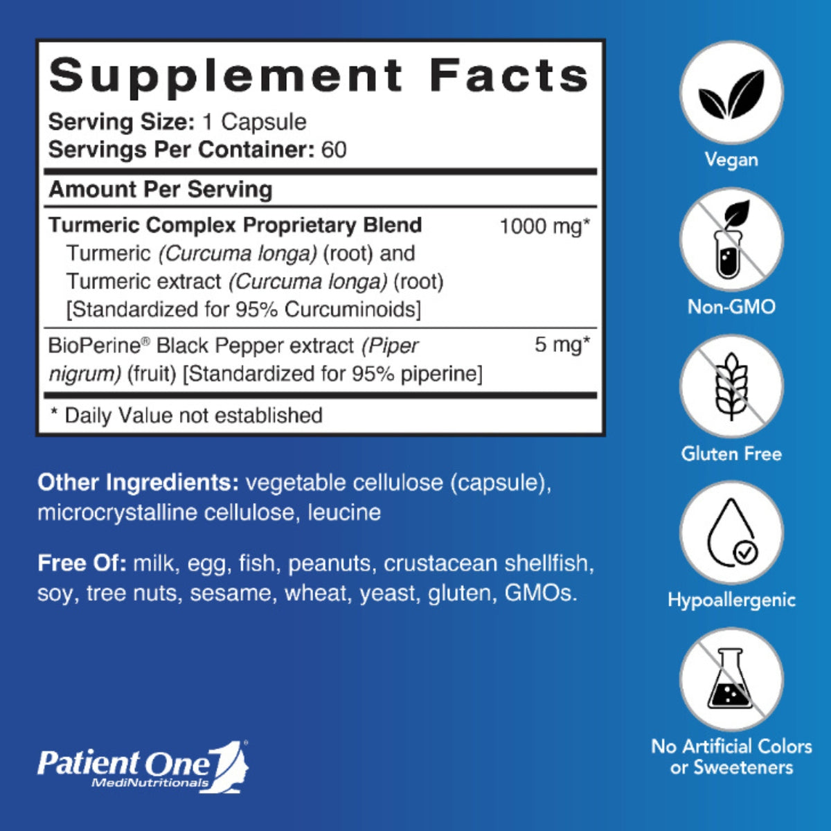 Patient One, Turmeric Curcumin 1000mg, 60 Vegetable Capsules UPC 859782006089 | Hilife Vitamins