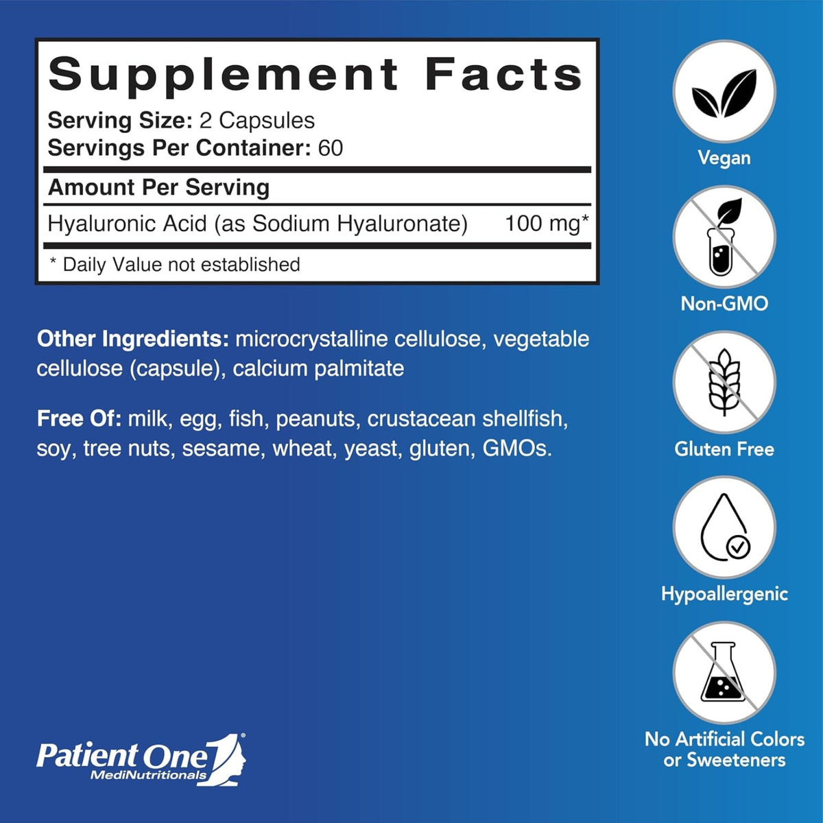 Patient One, Hyalurnoic Acid 100mg, 120 Vegetable Capsules UPC 859782006140 | Hilife Vitamins