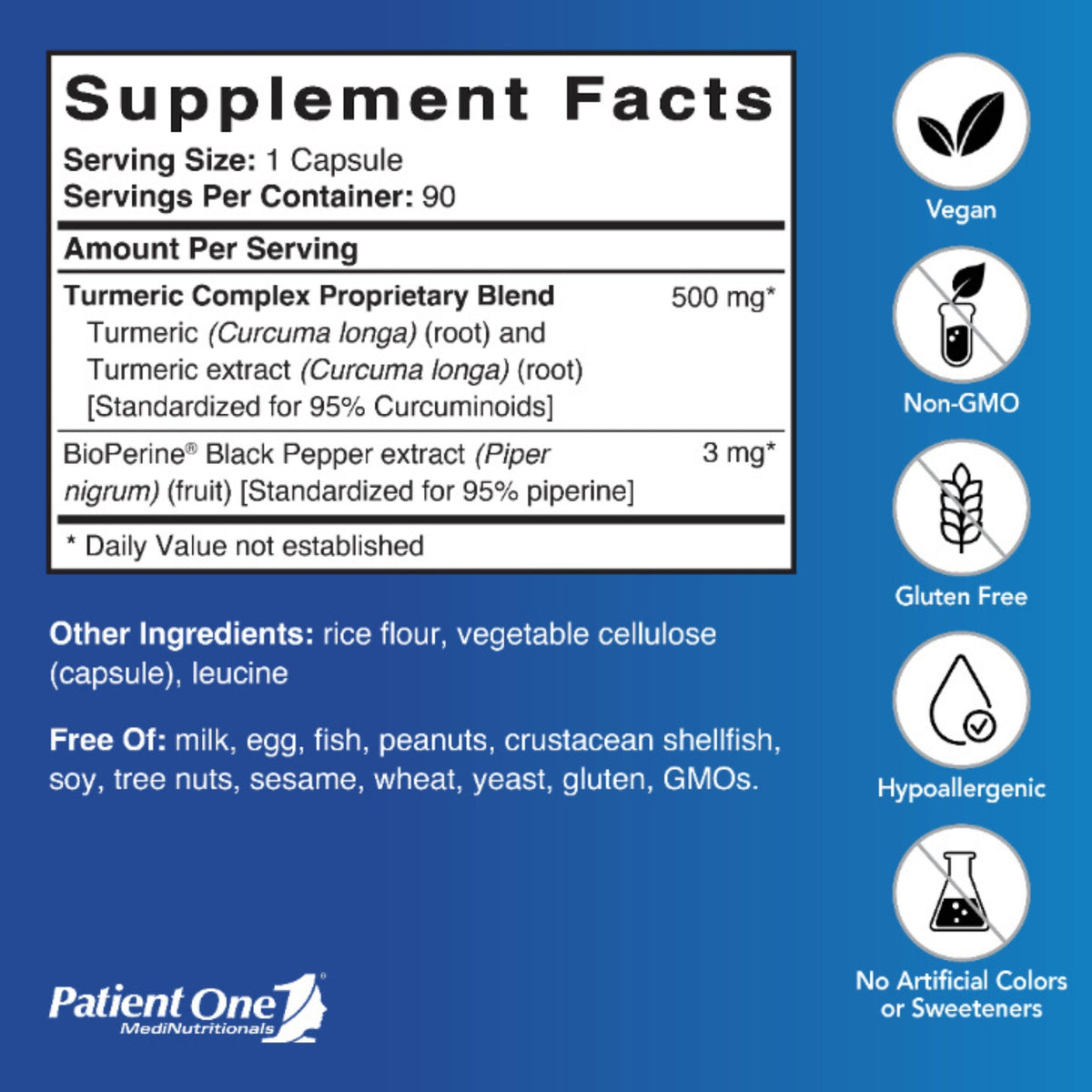 Patient One, Turmeric Curcumin 500mg, 90 Vegetable Capsules UPC 859782006188 | Hilife Vitamins