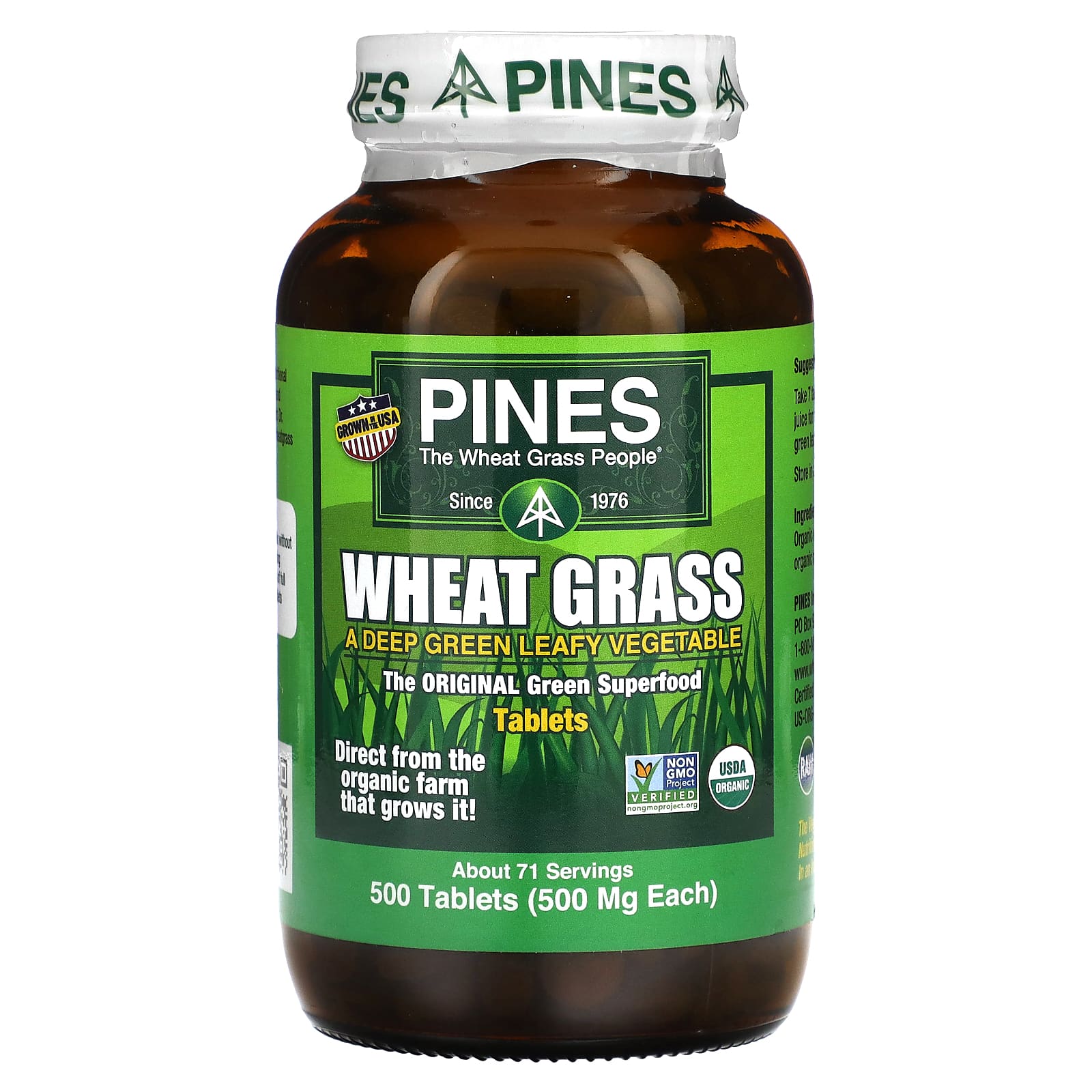 Pines, Wheat Grass 500mg, 500 Tablets UPC 043952000032 | Hilife Vitamins
