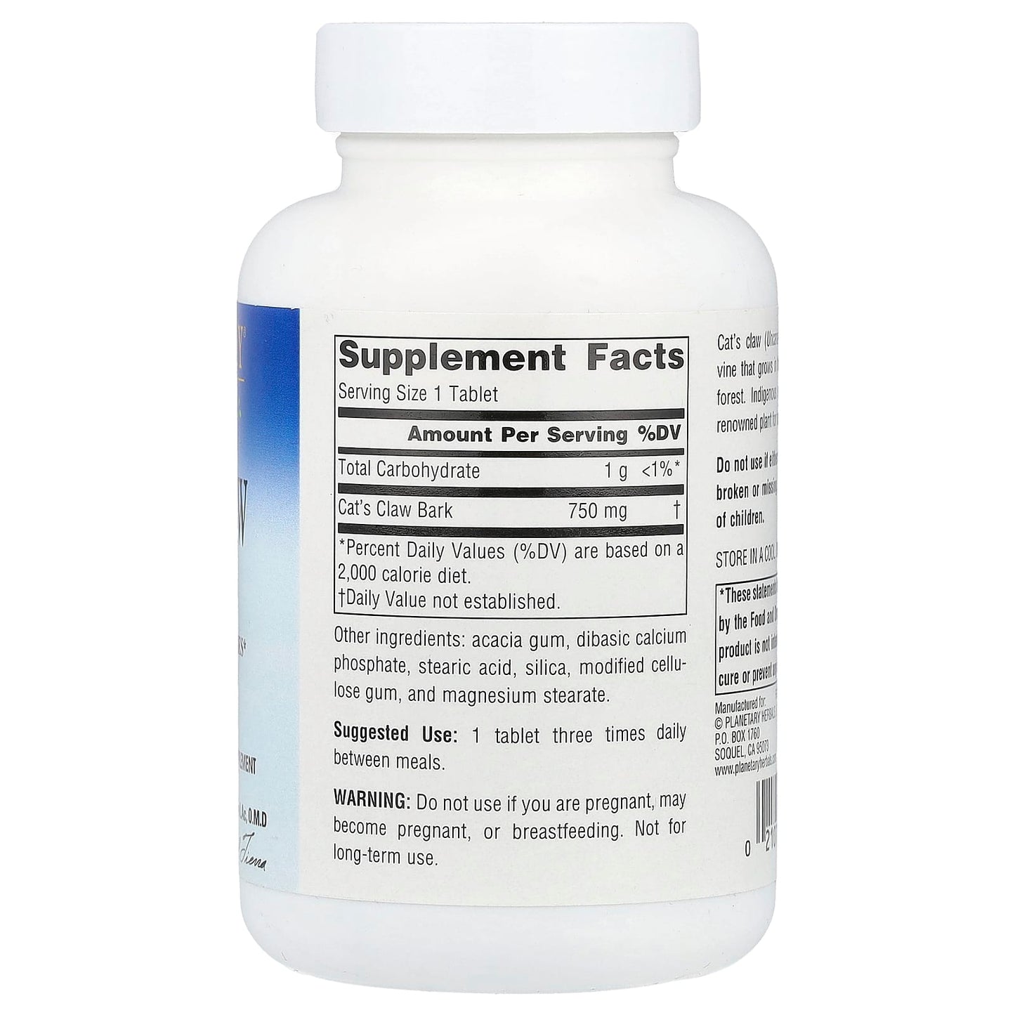 Planetary Herbals, Cat's Claw 750 mg, 90 Tablets UPC 021078102625 | Hilife Vitamins