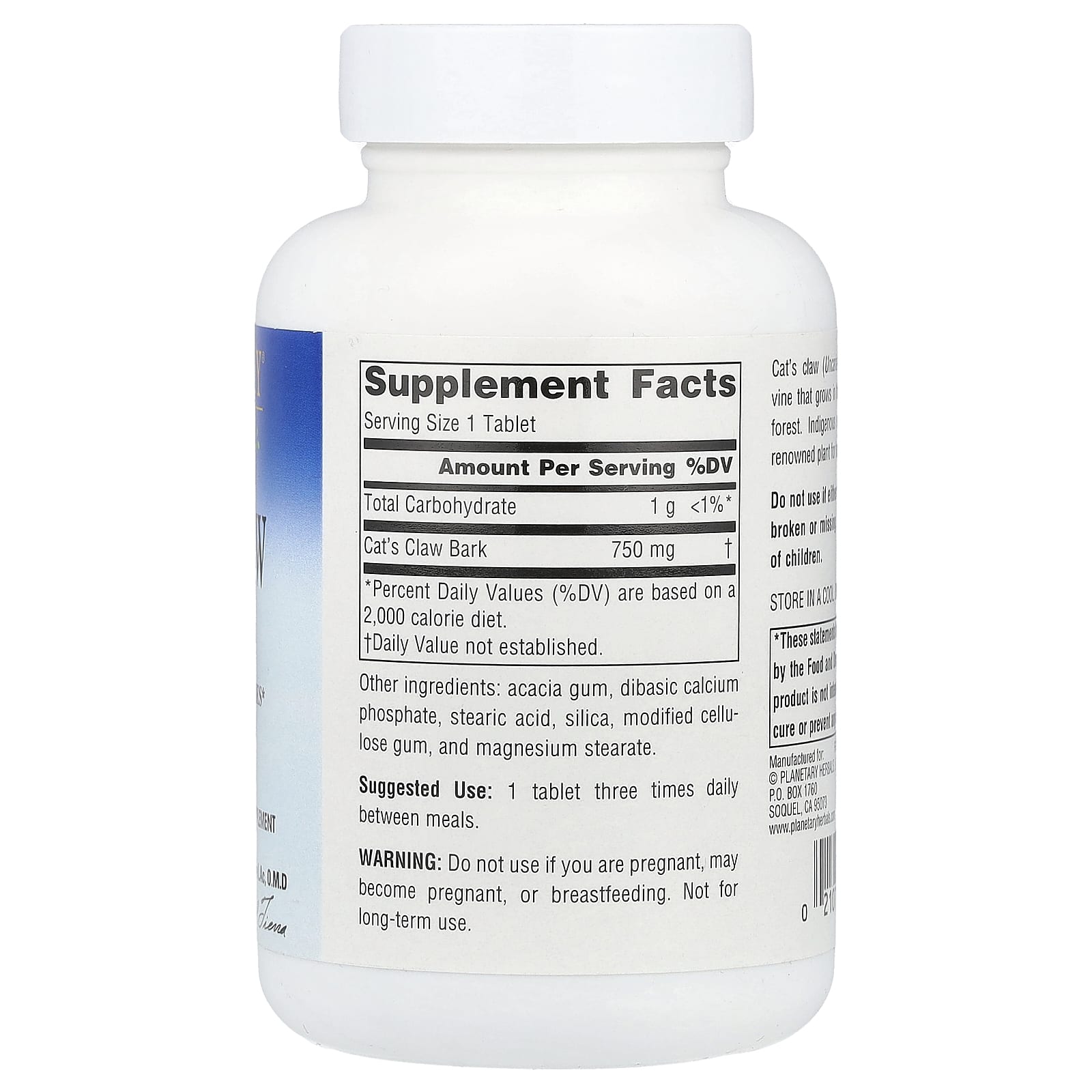 Planetary Herbals, Cat's Claw 750 mg, 90 Tablets UPC 021078102625 | Hilife Vitamins