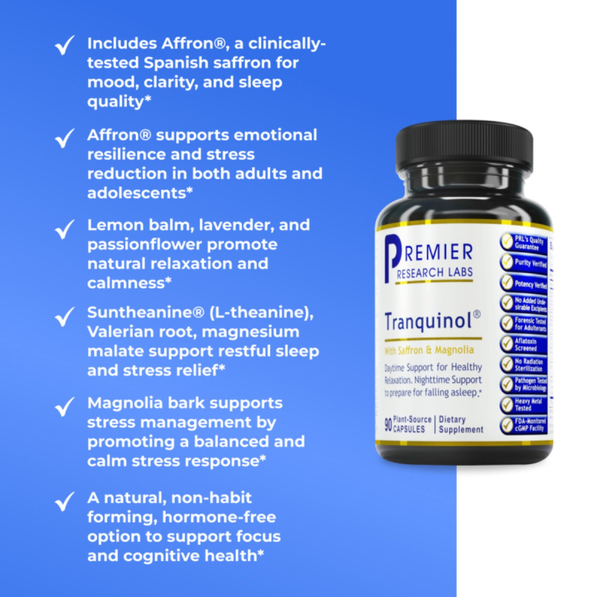 Premier Research Labs, Tranquinol, 90 Plant-Source Capsules UPC 807735004811 | Hilife Vitamins