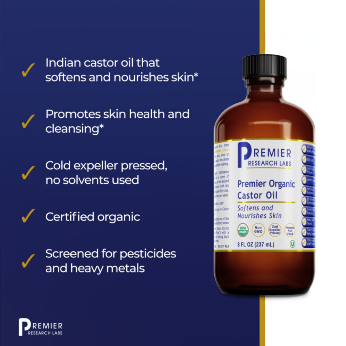 Premier Research Labs, Premier Organic Castor Oil, 8 FL OZ (237 mL) UPC 807735015053 | Hilife Vitamins