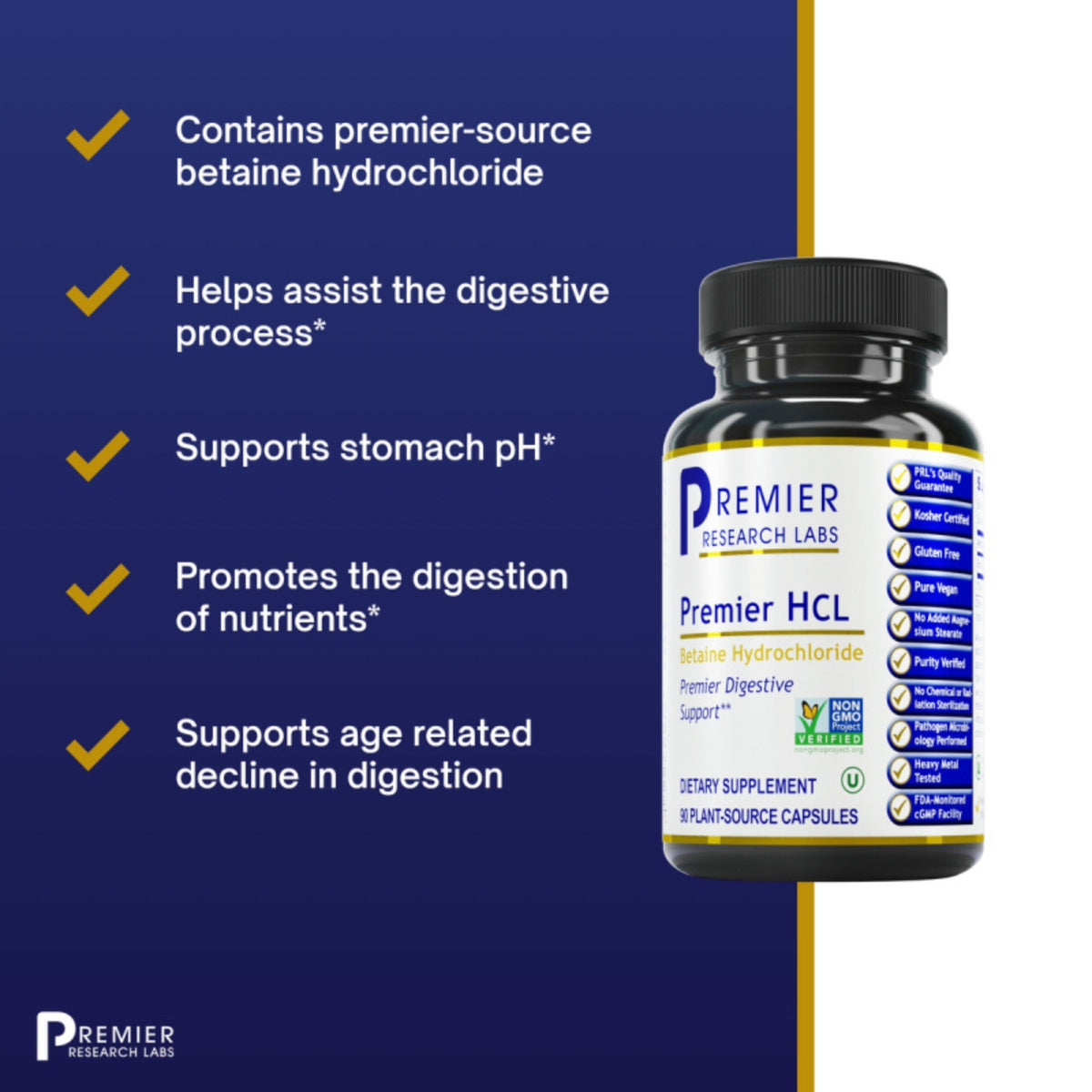 Premier Research Labs, Premier HCL, 90 Plant-Source Capsules UPC 807735021771 | Hilife Vitamins