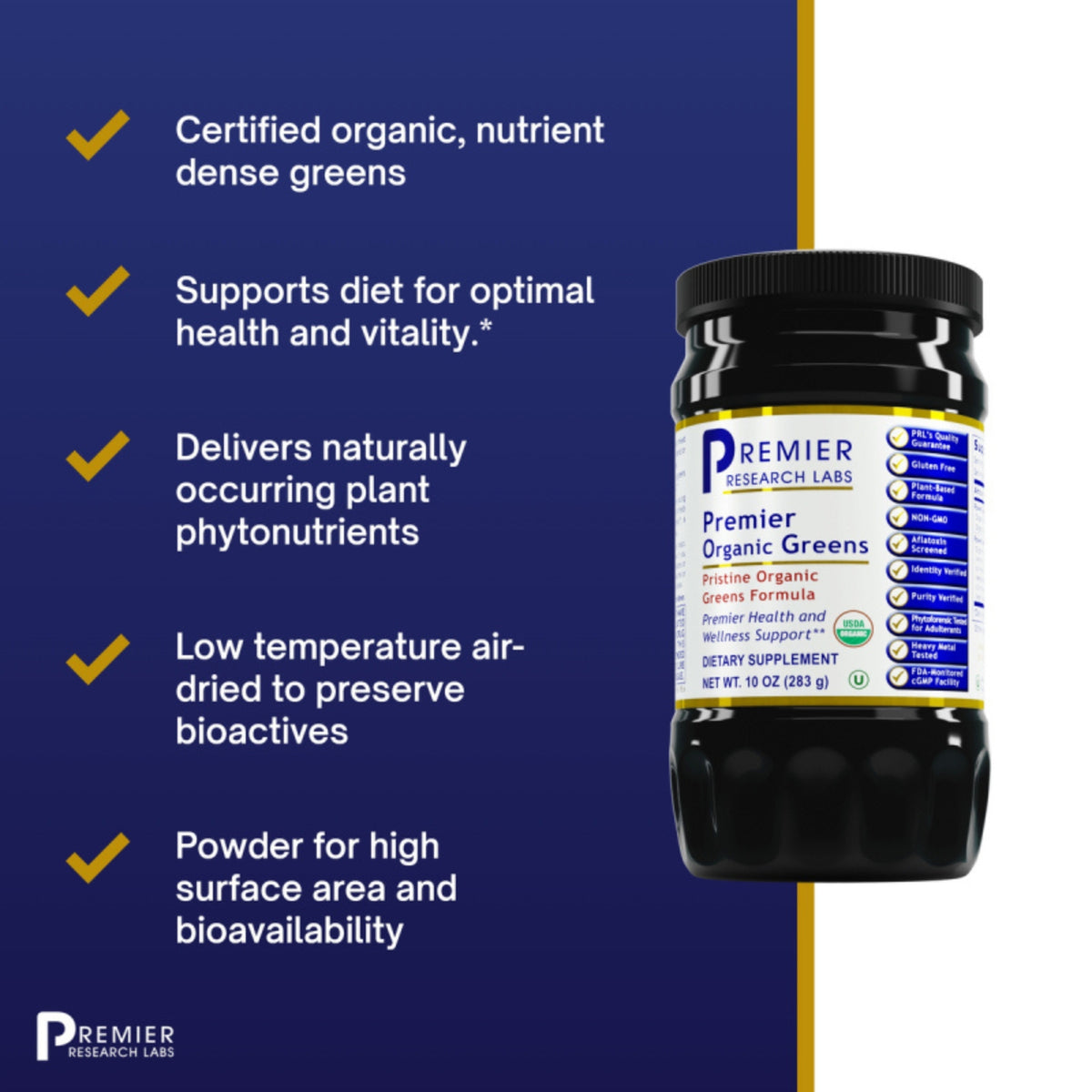 Premier Research Labs, Organic Greens Premier Powder, 10 oz (283 g) UPC 807735025854 | Hilife Vitamins