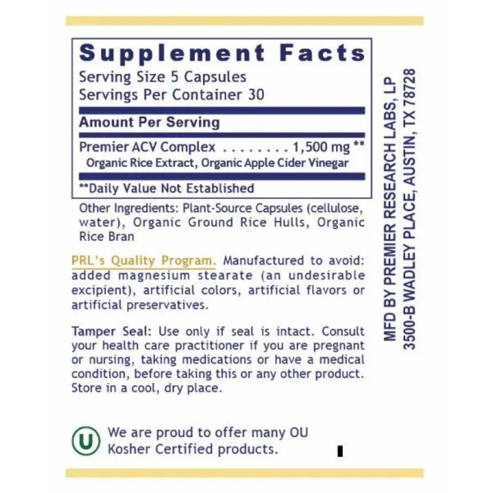 Premier Research Labs, Premier, Apple Cider Vinegar, 150 Plant Source Capsules UPC 807735029401 | Hilife Vitamins