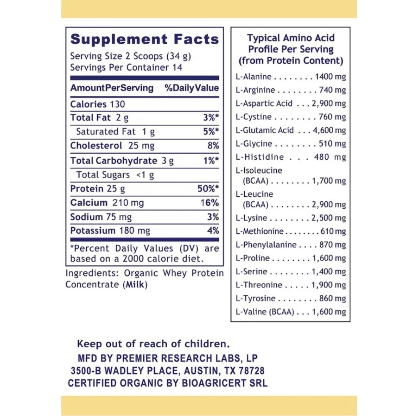 Premier Research Labs, 100% Organic Whey Protein, 16.8 oz (476 g) UPC 807735409555 | Hilife Vitamins