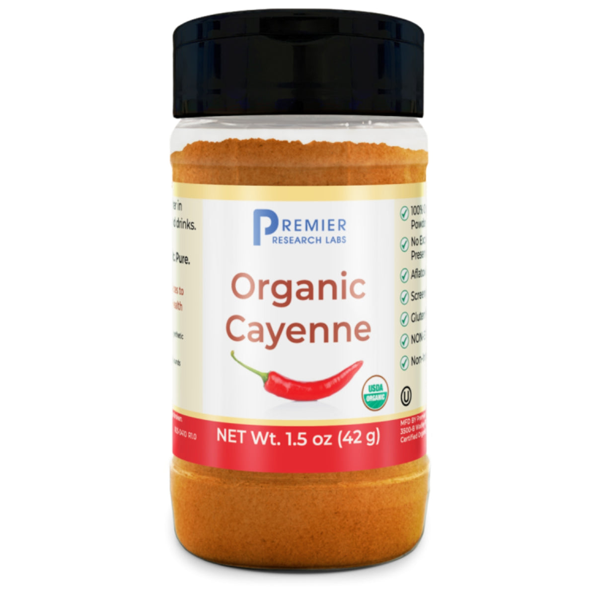 Premier Research Labs, Organic Cayenne Spice Powder, 1.5 oz (42 g) UPC 807735747107 | Hilife Vitamins