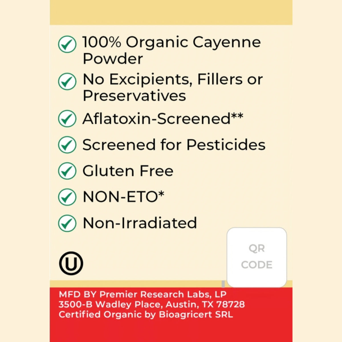 Premier Research Labs, Organic Cayenne Spice Powder, 1.5 oz (42 g) UPC 807735747107 | Hilife Vitamins