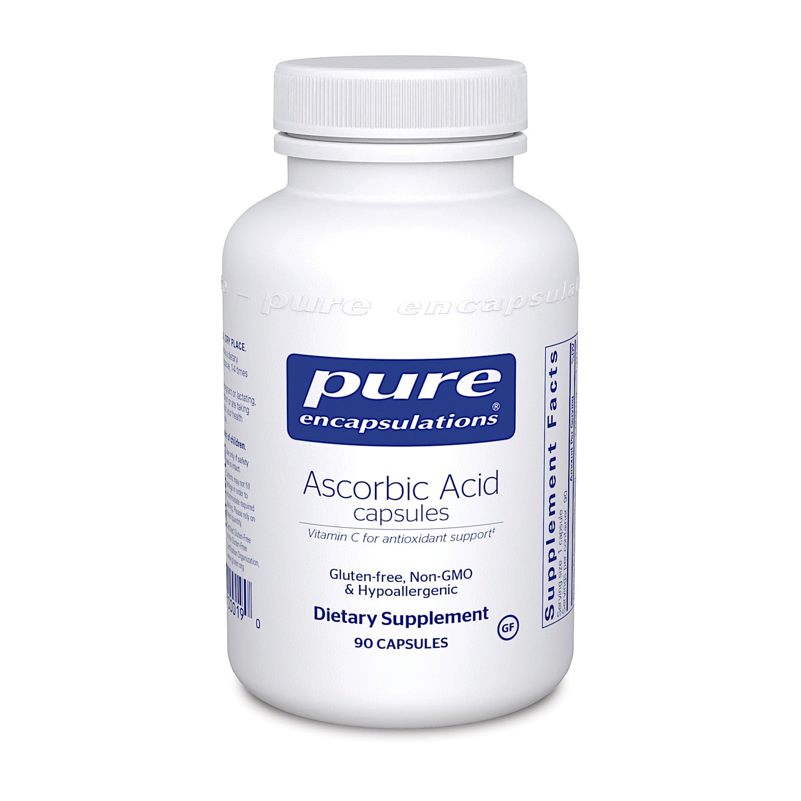 Pure Encapsulations, Ascorbic Acid capsules, 90 Capsules UPC 766298000190 | HiLife Vitamins