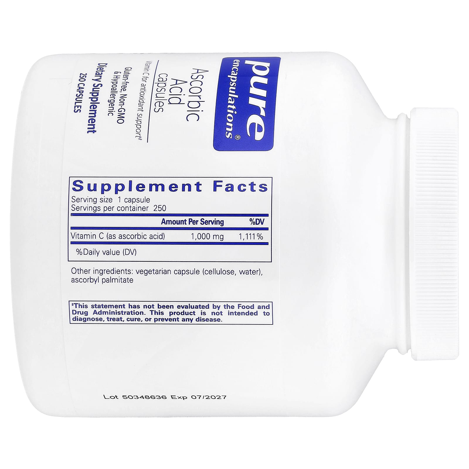 Pure Encapsulations, Ascorbic Acid, 250 Capsules UPC 766298000206 | HiLife Vitamins