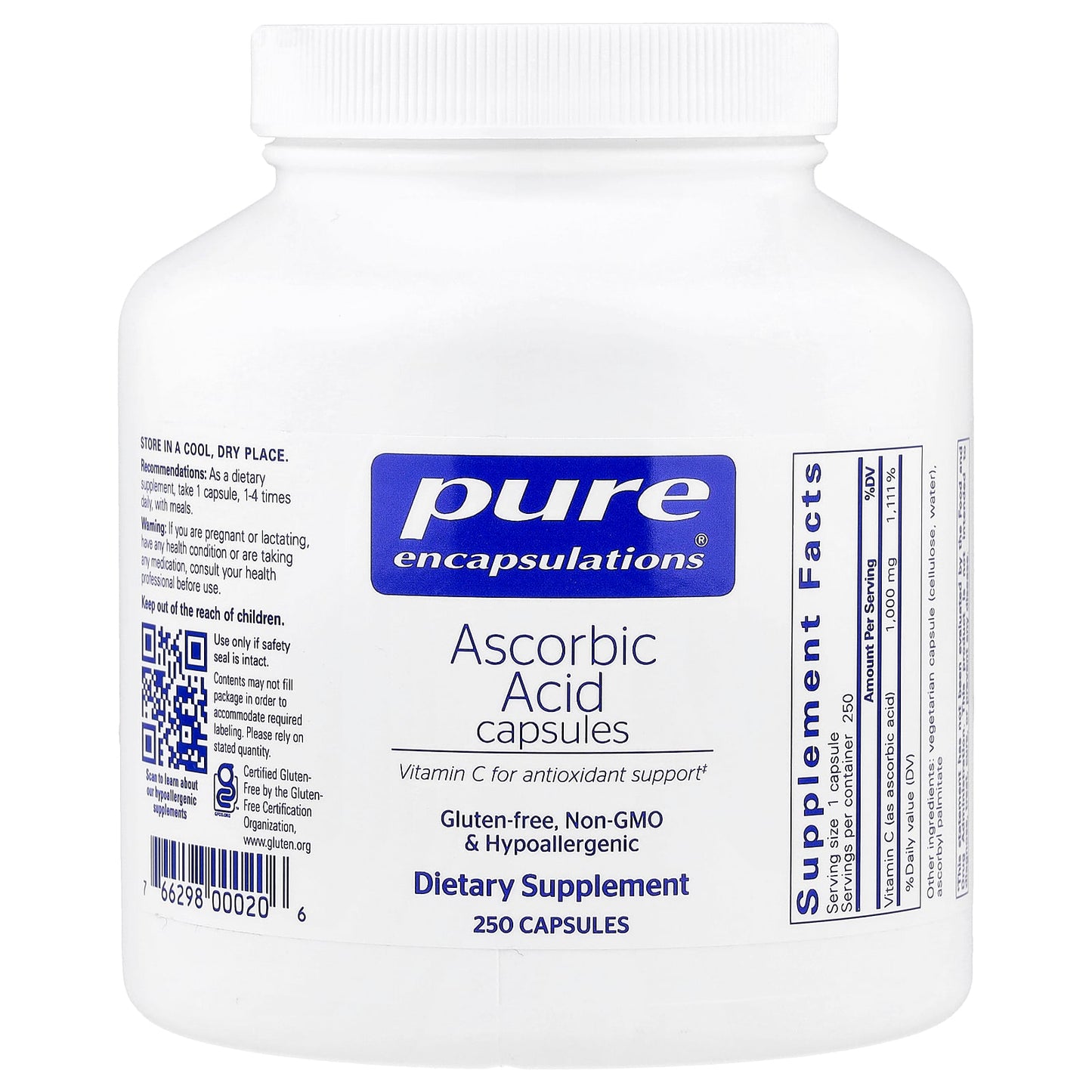Pure Encapsulations, Ascorbic Acid, 250 Capsules UPC 766298000206 | HiLife Vitamins