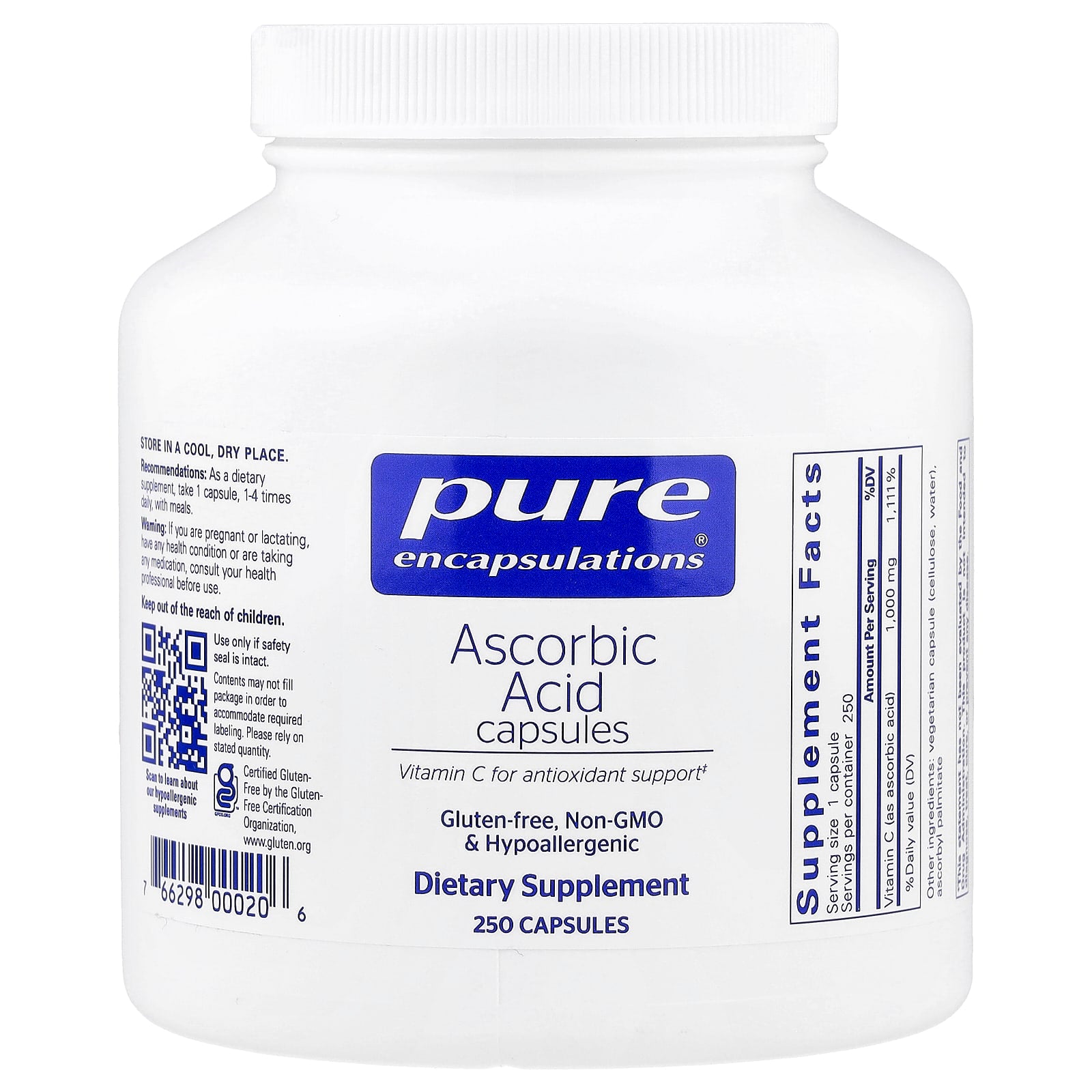 Pure Encapsulations, Ascorbic Acid, 250 Capsules UPC 766298000206 | HiLife Vitamins