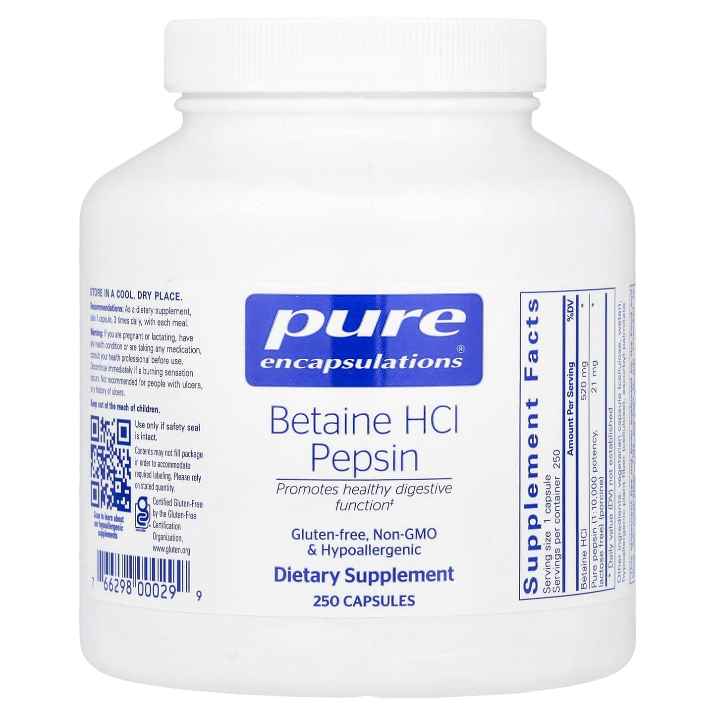 Pure Encapsulations, Betaine Hcl Pepsin, 250 Capsules UPC 766298000299 | HiLife Vitamins