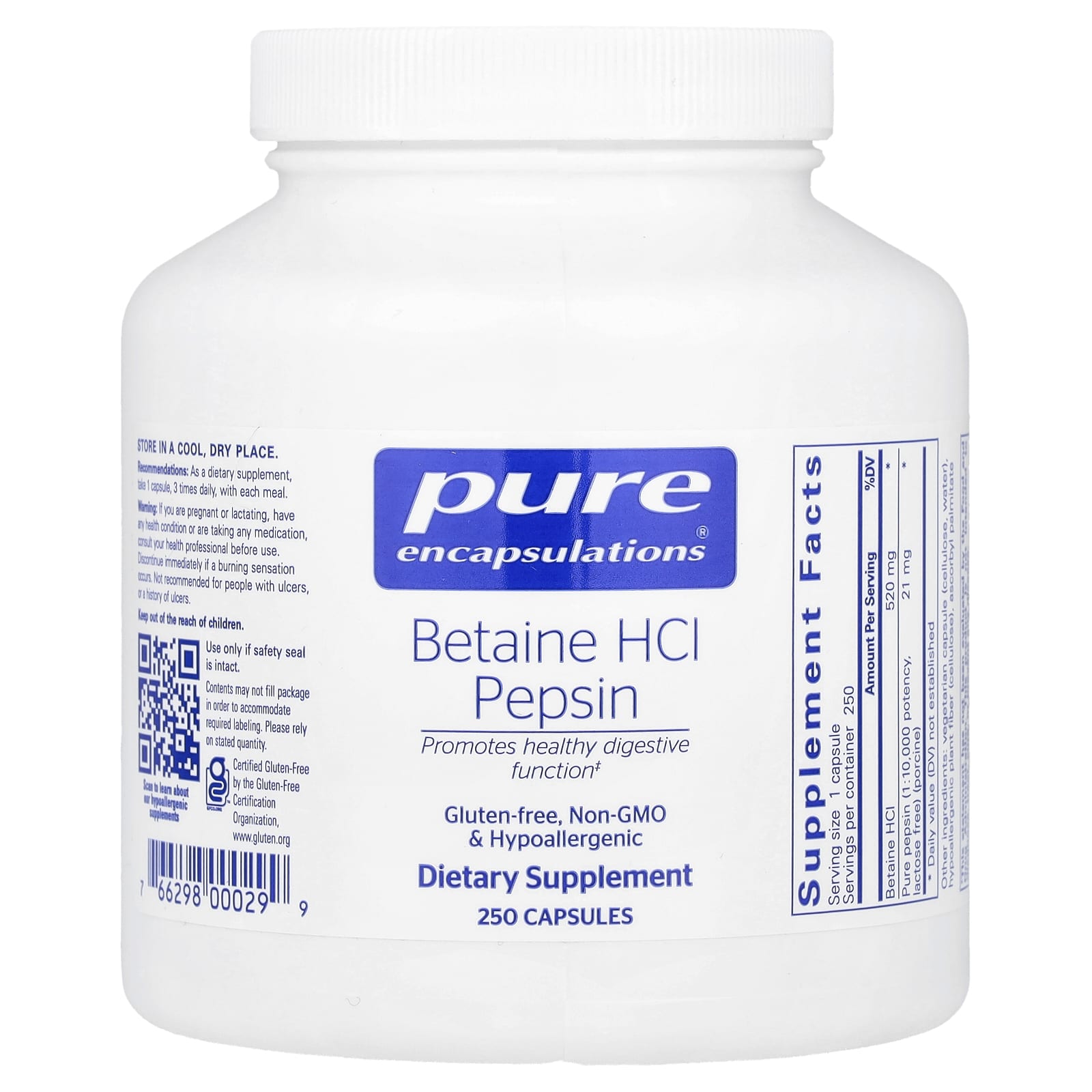 Pure Encapsulations, Betaine Hcl Pepsin, 250 Capsules UPC 766298000299 | HiLife Vitamins
