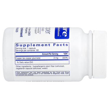 Pure Encapsulations, Copper (Glycinate), 60 Capsules UPC 766298000695 | Hilife Vitamins