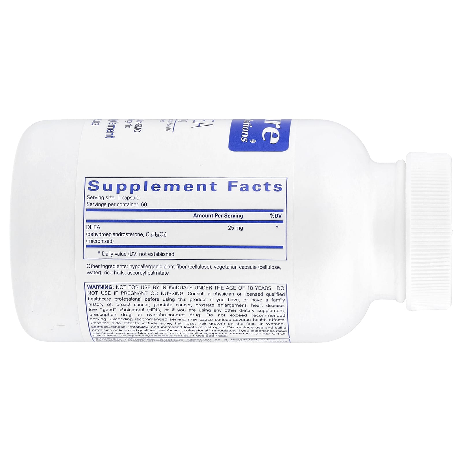 Pure Encapsulations, DHEA 25 mg, 60 Capsules UPC 766298000992 | HiLife Vitamins