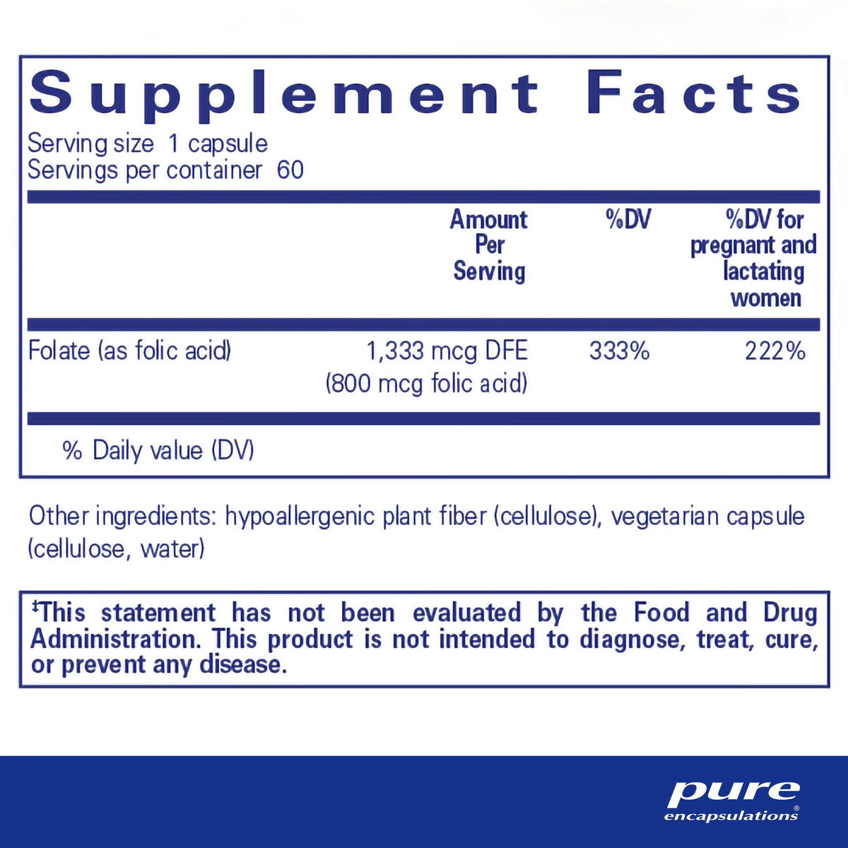 Pure Encapsulations, Folic Acid, 60 Capsules UPC 766298001111 | Hilife Vitamins