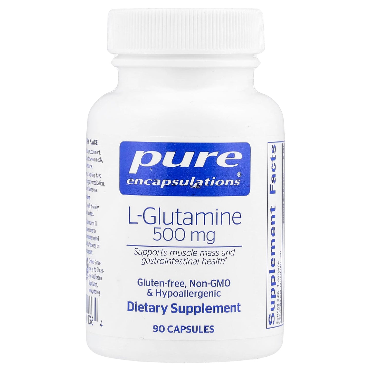 Pure Encapsulations, L-Glutamine 500 mg, 90 Capsules UPC 766298001364 | HiLife Vitamins