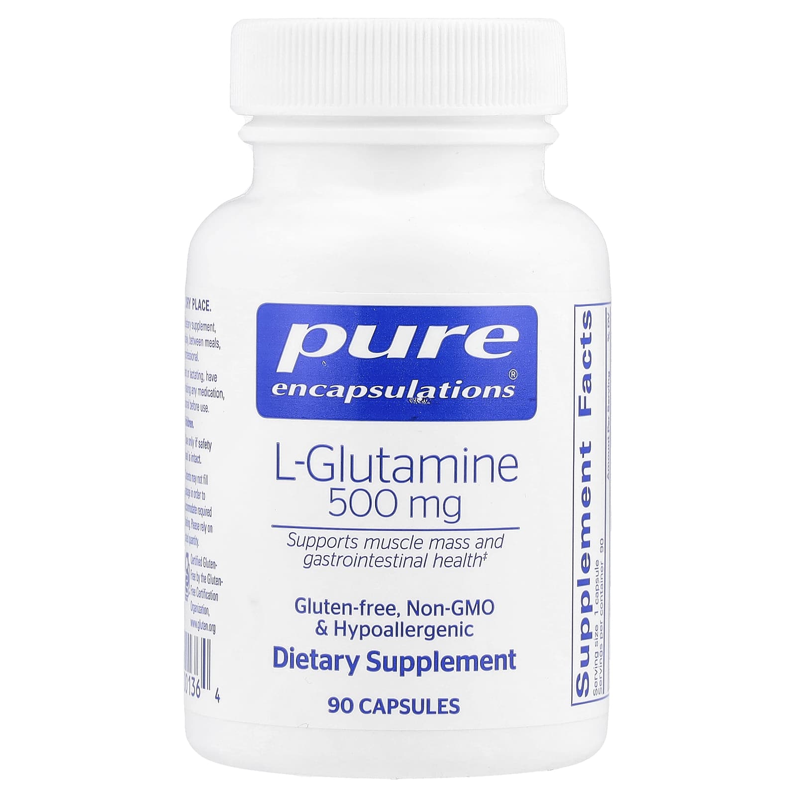 Pure Encapsulations, L-Glutamine 500 mg, 90 Capsules UPC 766298001364 | HiLife Vitamins