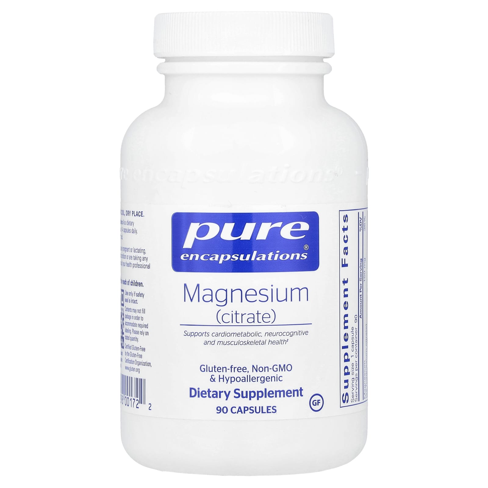 Pure Encapsulations, Magnesium Citrate 150 mg, 90 Capsules UPC 766298001722 | HiLife Vitamins