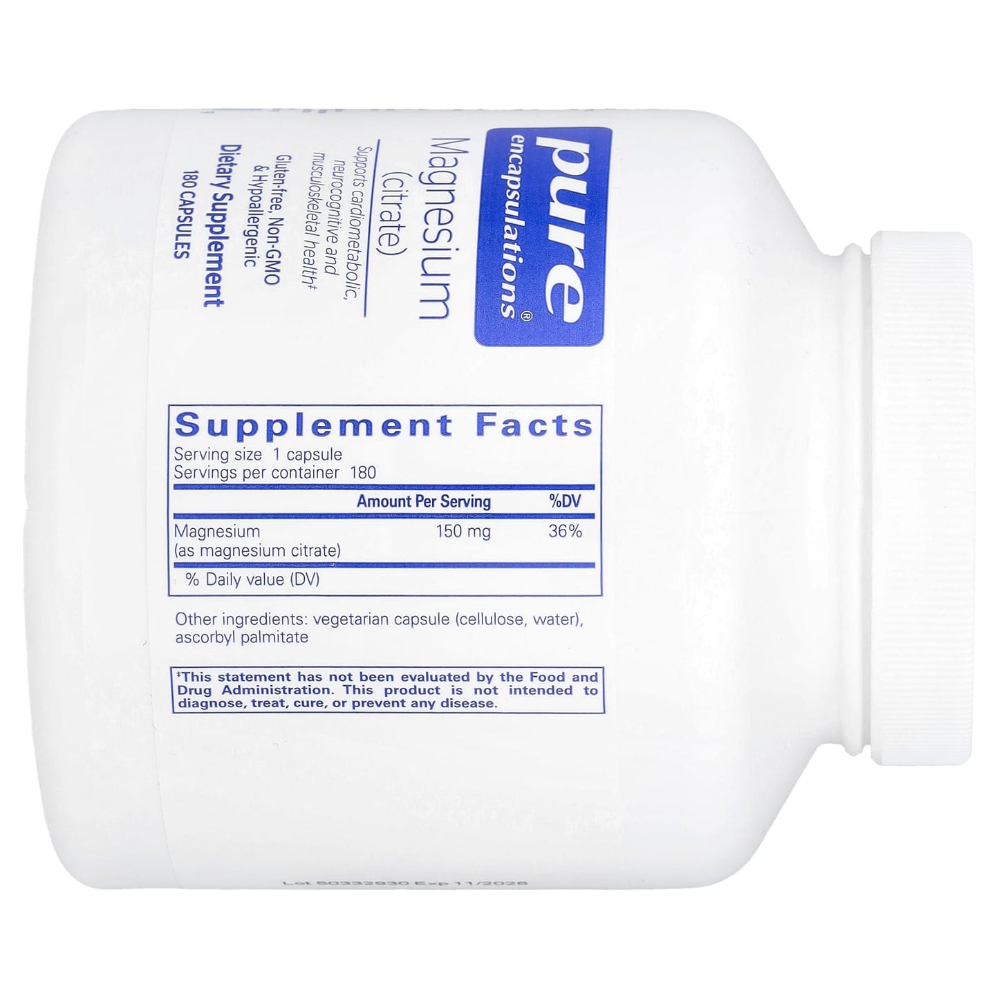 Pure Encapsulations, Magnesium Citrate 150 mg, 180 Capsules UPC 766298001739 | HiLife Vitamins