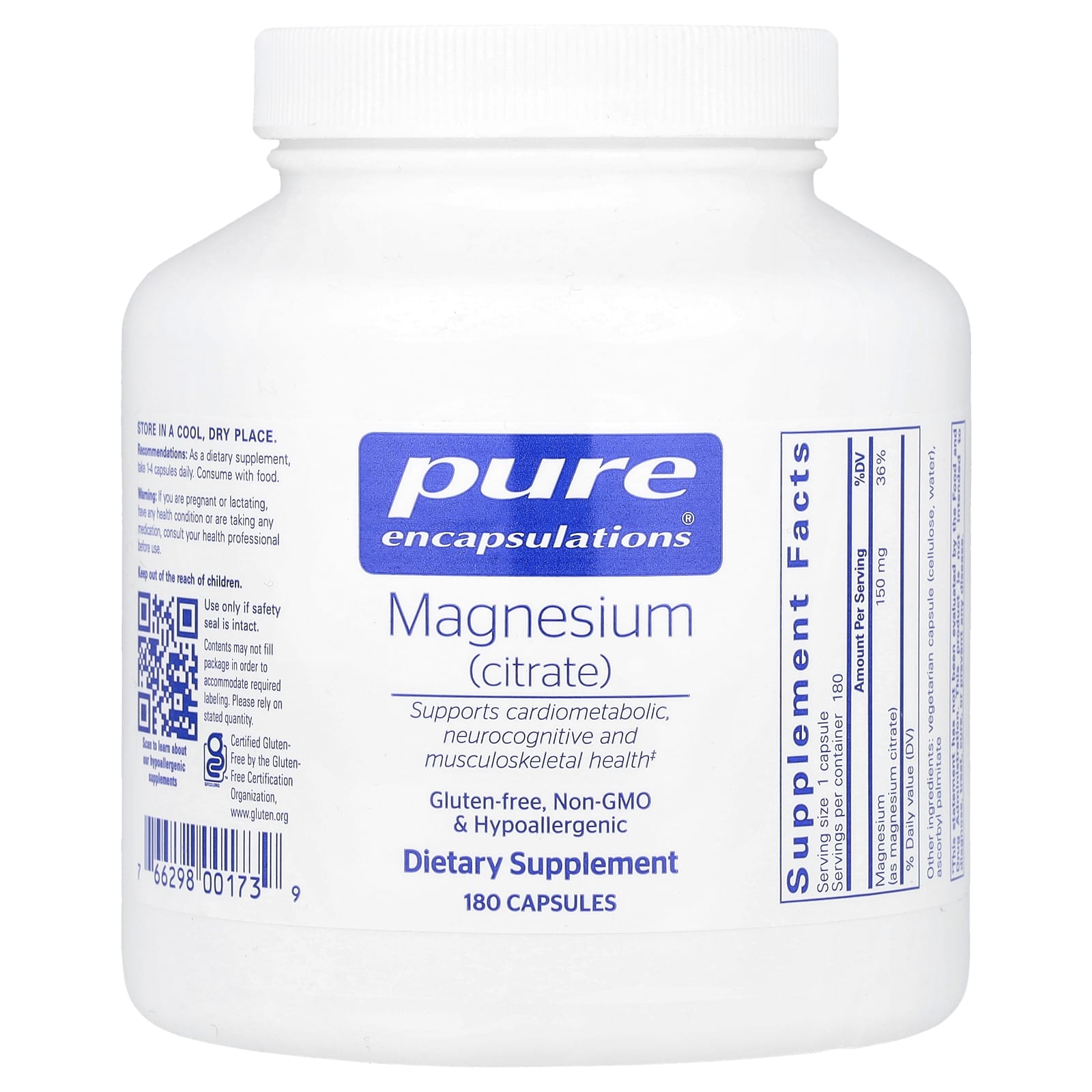 Pure Encapsulations, Magnesium Citrate 150 mg, 180 Capsules UPC 766298001739 | HiLife Vitamins