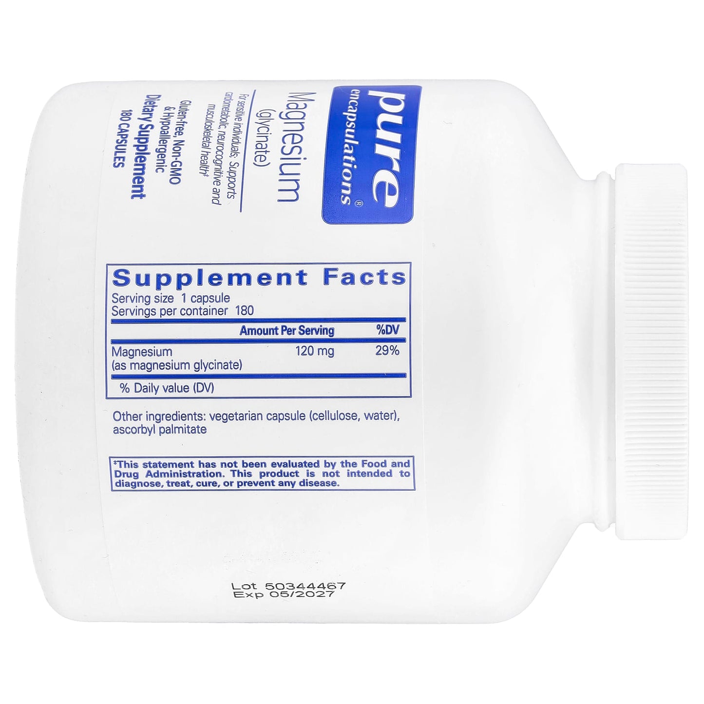 Pure Encapsulations, Magnesium Glycinate 120 mg, 180 Capsules - 766298001753 | Hilife Vitamins