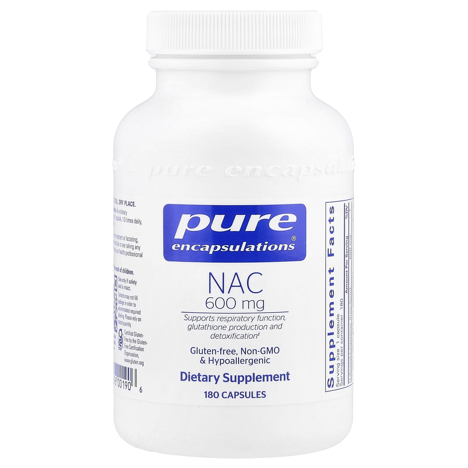 Pure Encapsulations, NAC 600 mg, 180 Capsules UPC 766298001906 | HiLife Vitamins