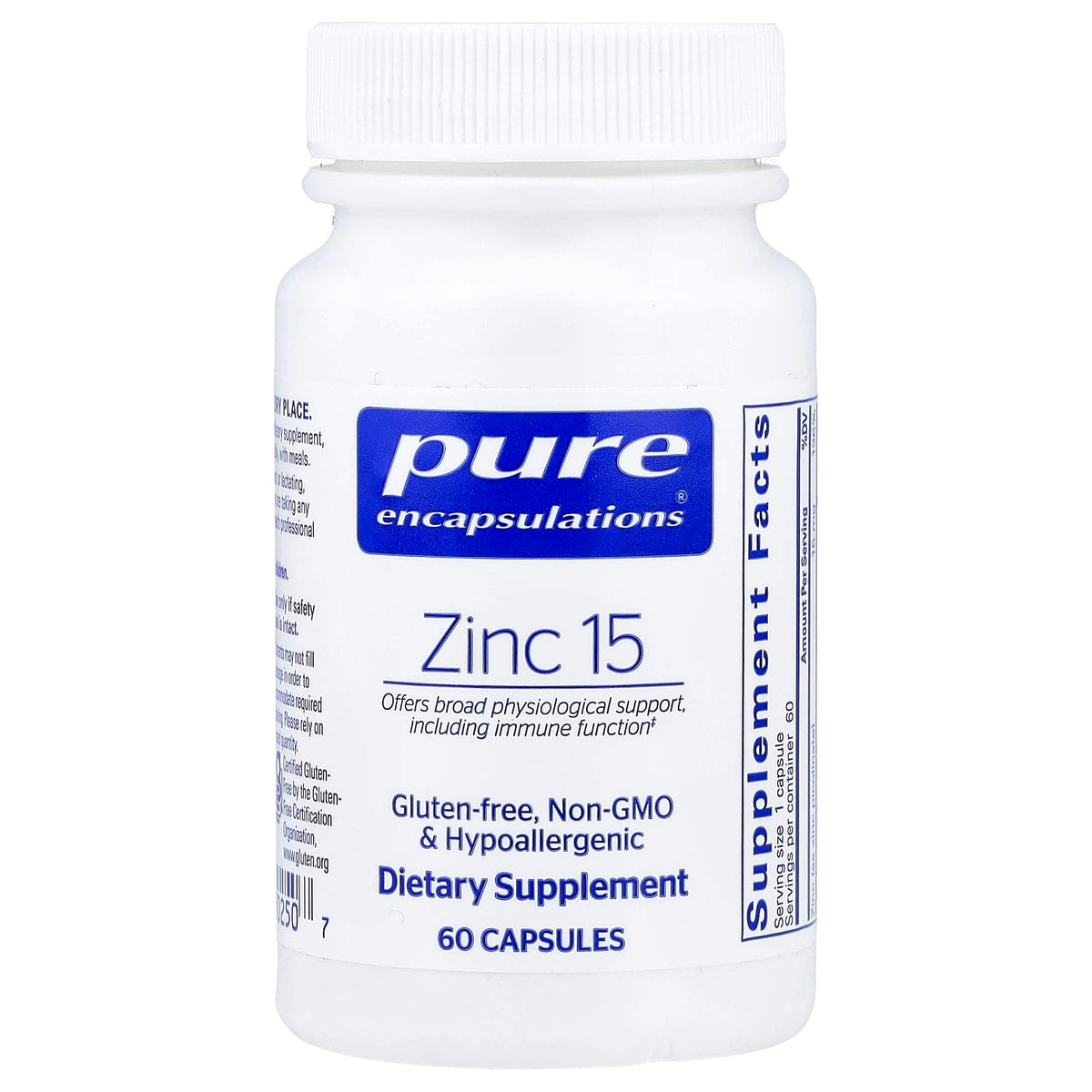 Pure Encapsulations, Zinc 15, 60 Capsules UPC 766298002507 | Hilife Vitamins