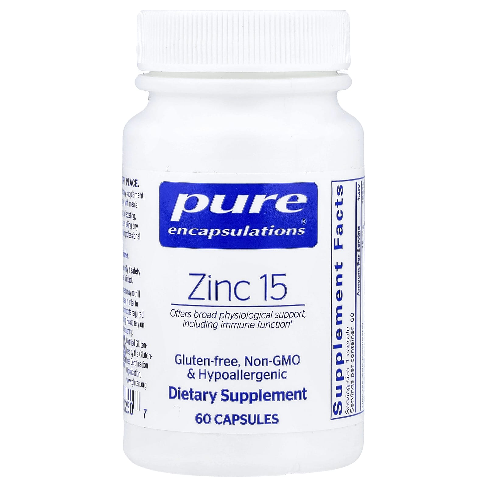 Pure Encapsulations, Zinc 15, 60 Capsules UPC 766298002507 | Hilife Vitamins