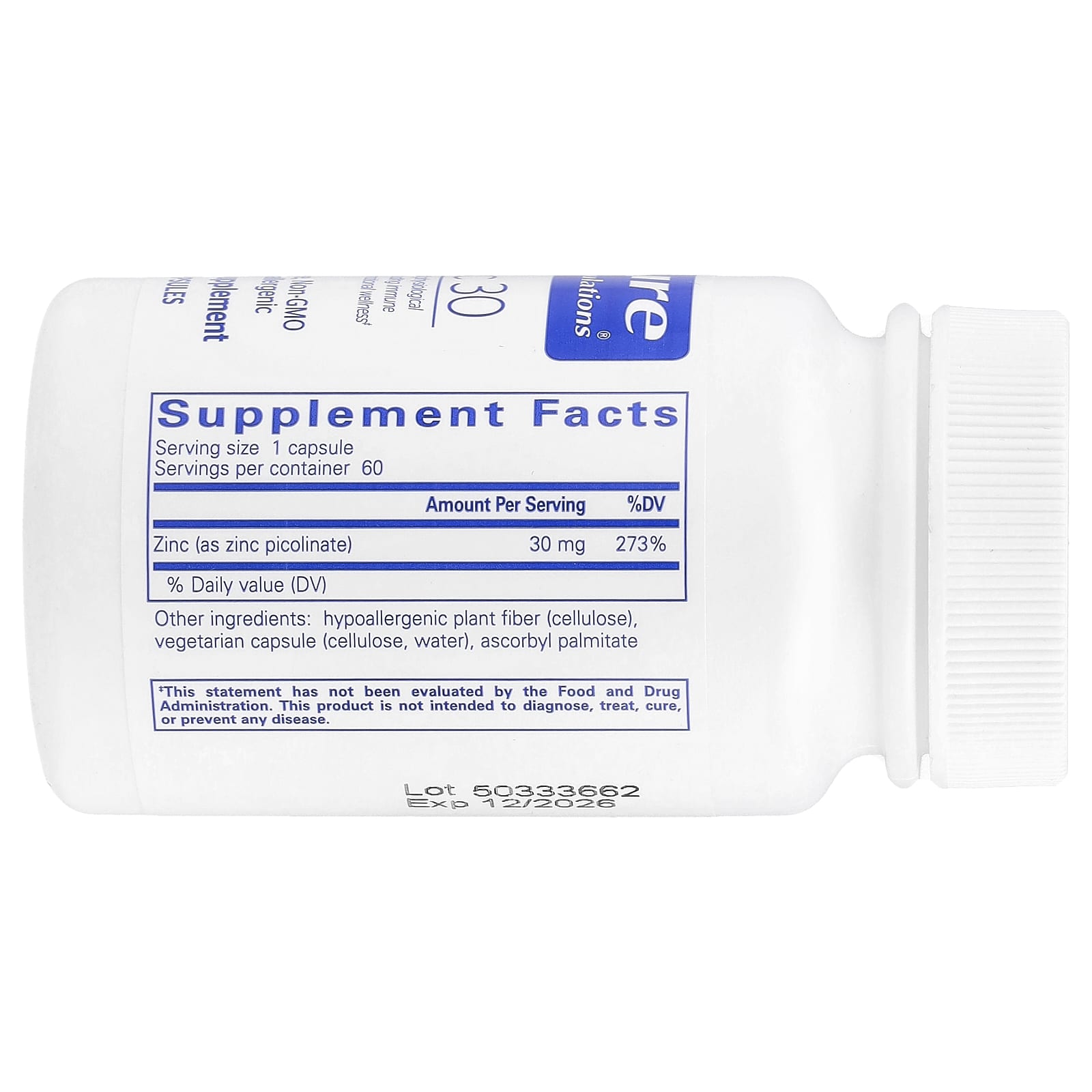 Pure Encapsulations, Zinc 30, 60 Capsules UPC 766298002521 | HiLife Vitamins