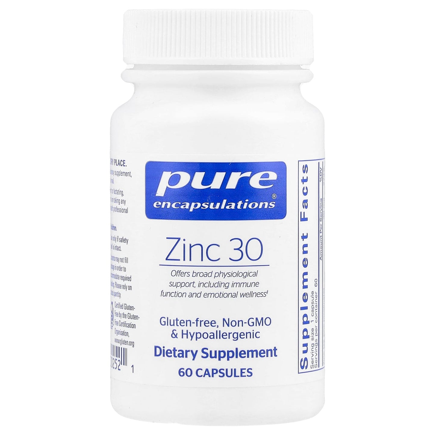 Pure Encapsulations, Zinc 30, 60 Capsules UPC 766298002521 | HiLife Vitamins