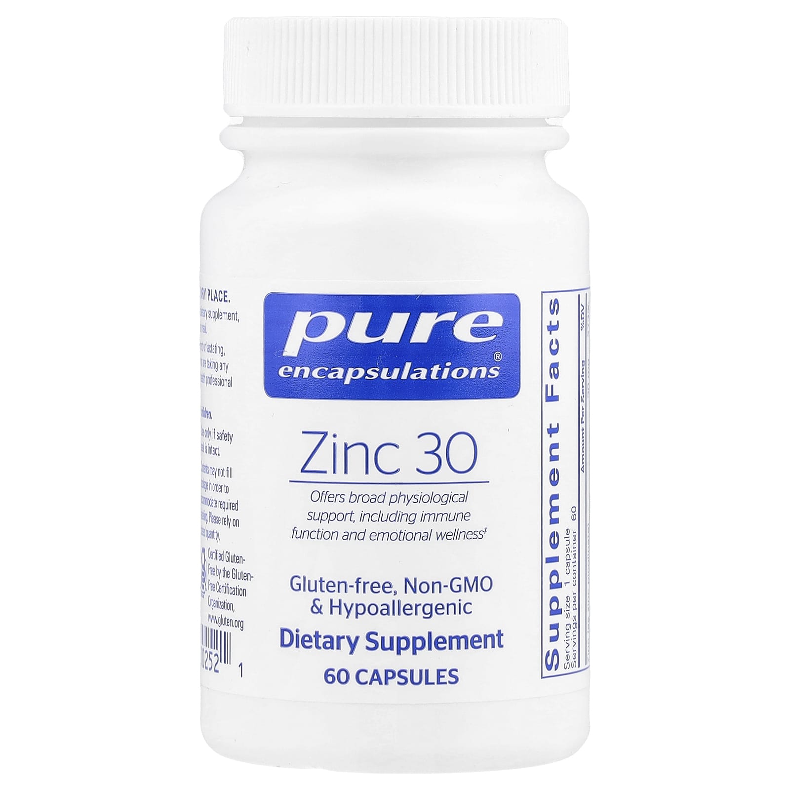 Pure Encapsulations, Zinc 30, 60 Capsules UPC 766298002521 | HiLife Vitamins