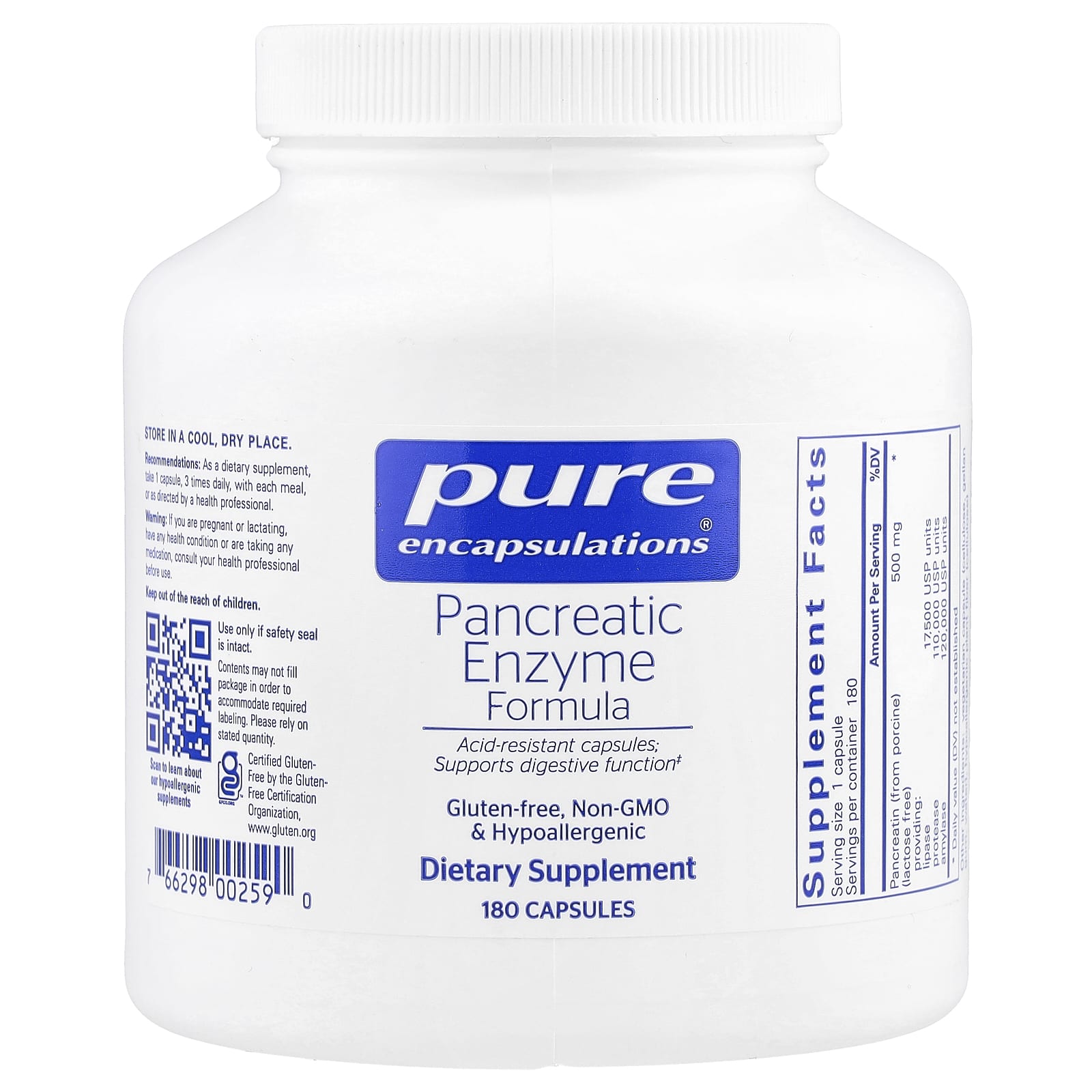Pure Encapsulations, Pancreatic Enzyme, 180 Capsules UPC 766298002590 | HiLife Vitamins