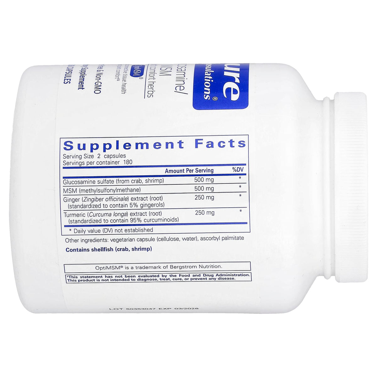 Pure Encapsulations, Glucosamine/MSM with joint comfort herbs, 180 Capsules UPC 766298003351 | Hilife Vitamins