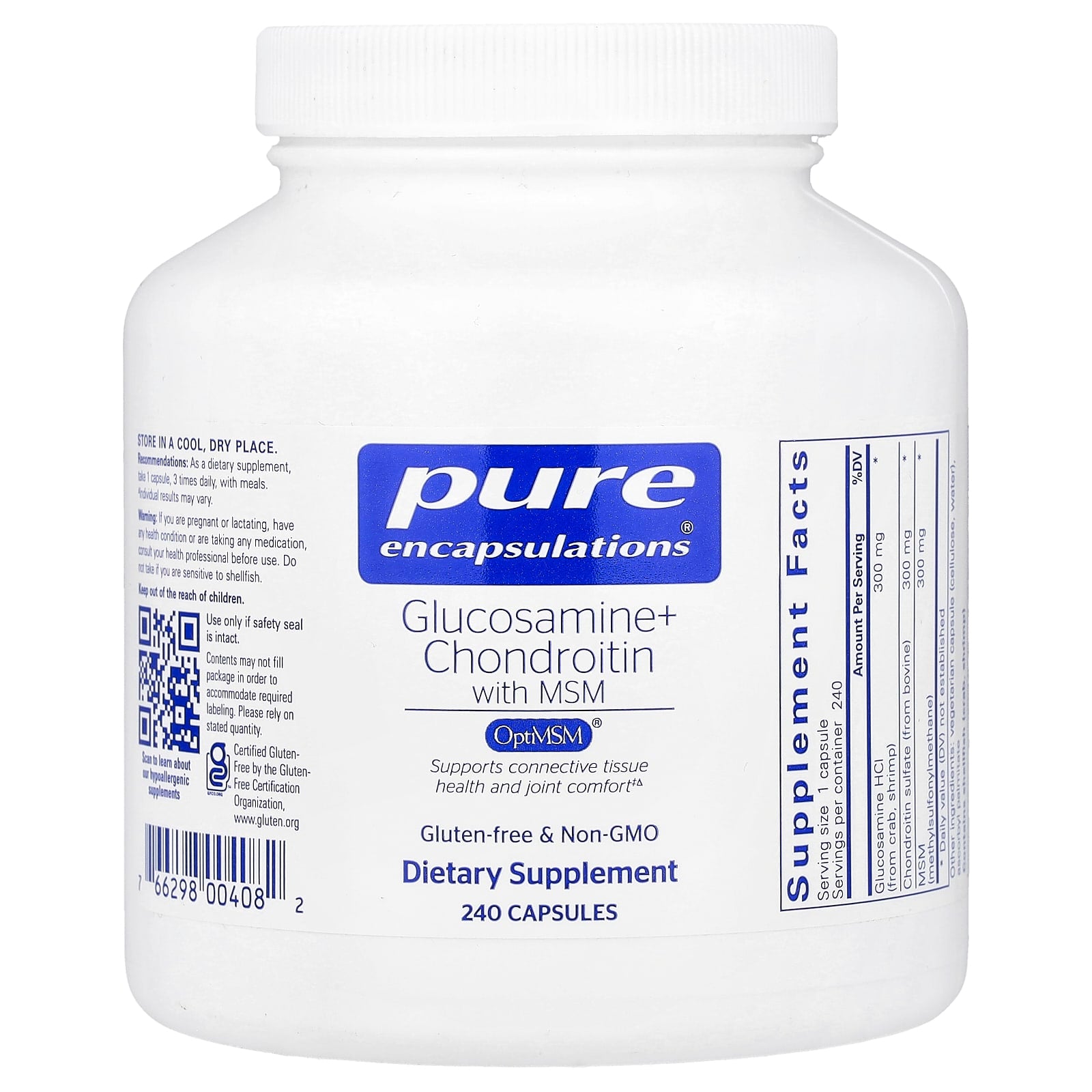 Pure Encapsulations, Glucosamine + Chondroitin With MSM, 240 Capsules UPC 766298004082 | Hilife Vitamins