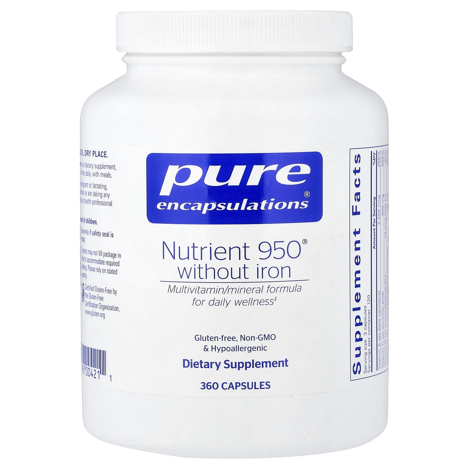 Pure Encapsulations, Nutrient 950® Without Iron, 360 Capsules UPC 766298004211 | HiLife Vitamins