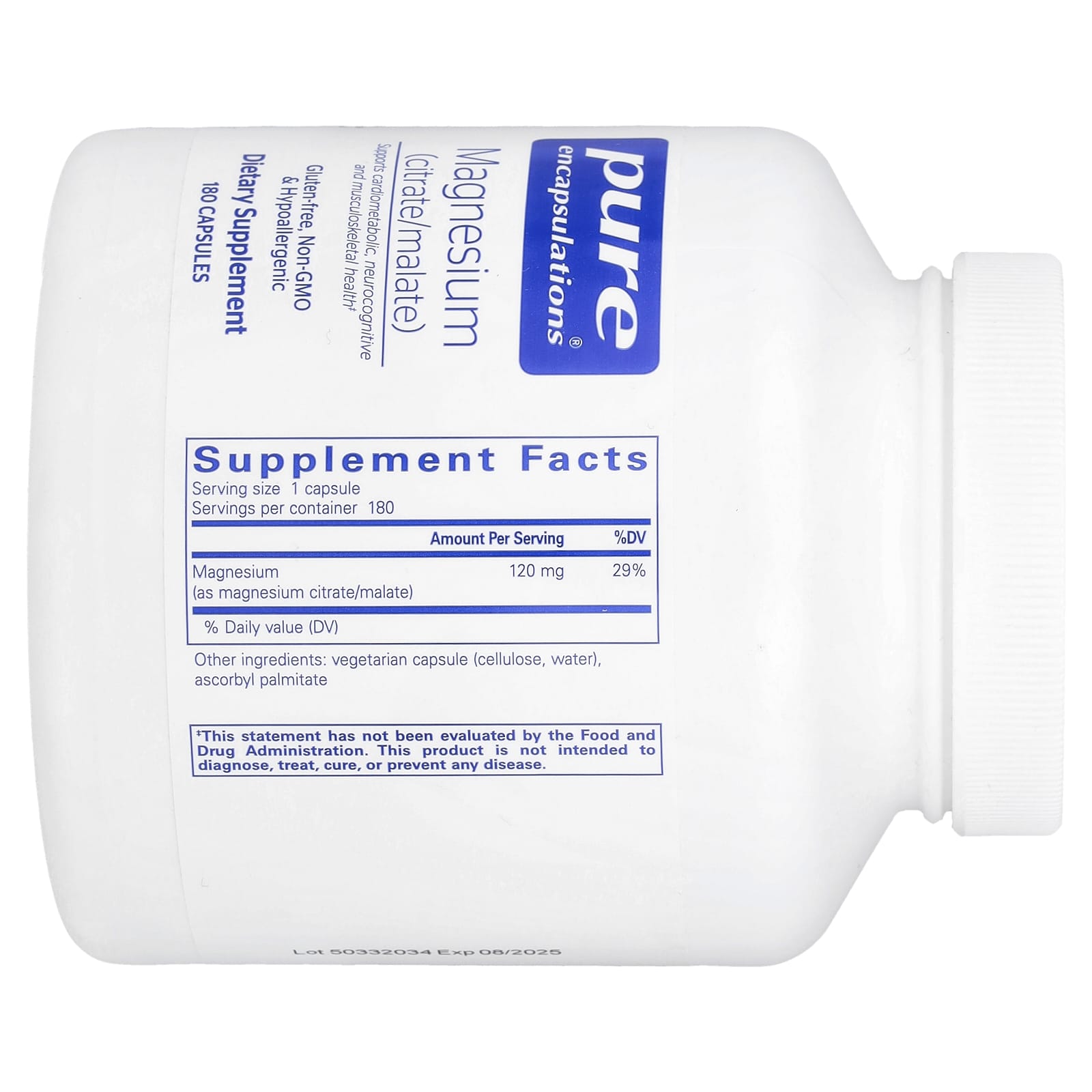 Pure Encapsulations, Magnesium Citrate/Malate 120 mg, 180 Capsules UPC 766298004365 | HiLife Vitamins