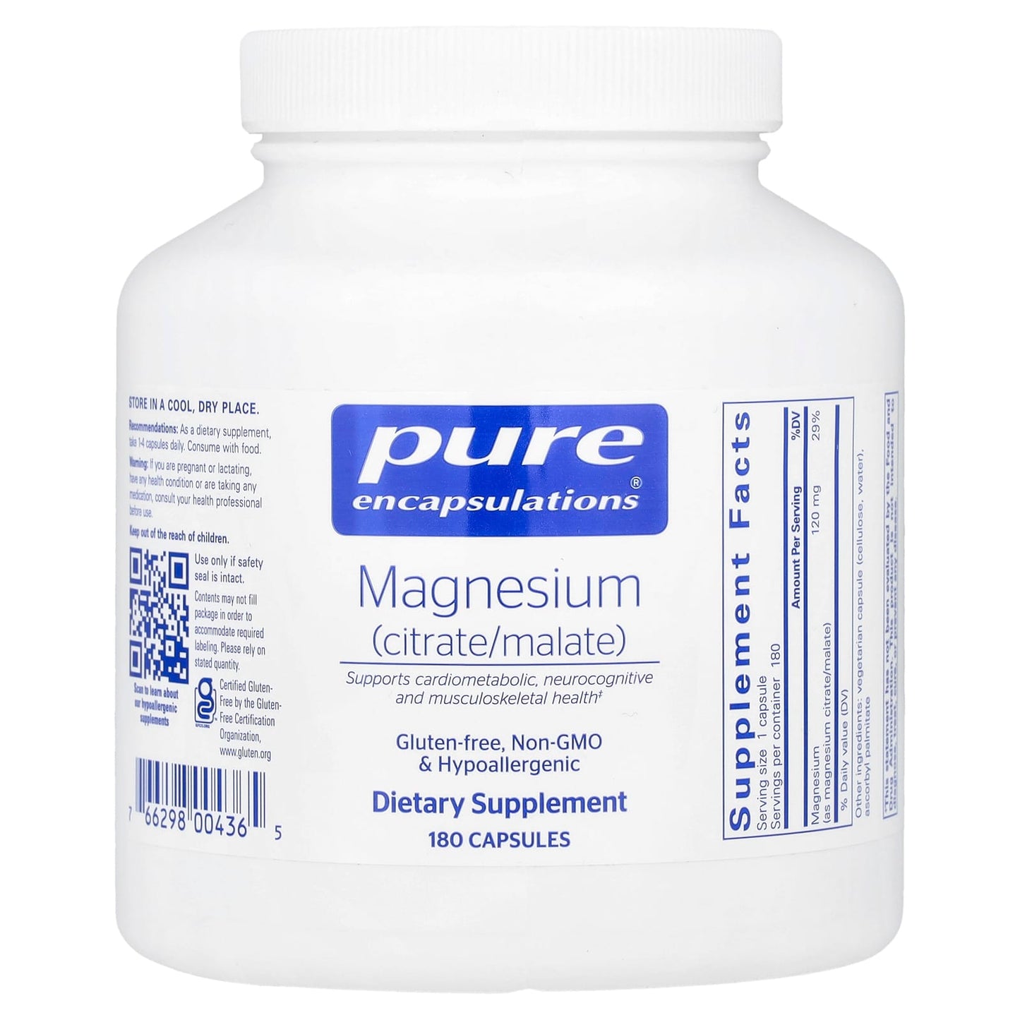 Pure Encapsulations, Magnesium Citrate/Malate 120 mg, 180 Capsules UPC 766298004365 | HiLife Vitamins